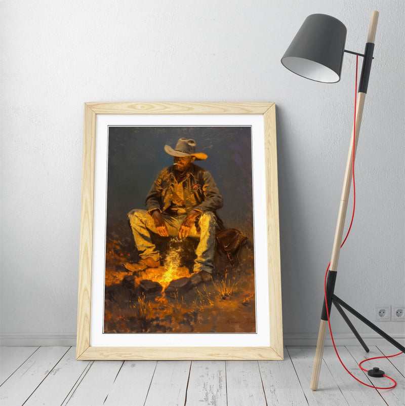 Framed Wall Art Cowboy Smoking By Campfire - Rustic Woodgrain Frame Print