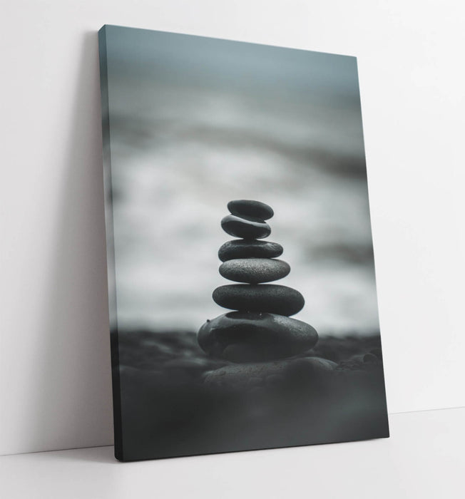 Canvas Wall Art – Stacked Zen Stones Seashore Beach Theme Print | Premium Satin Finish