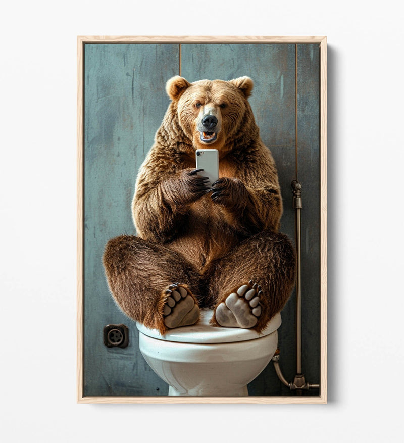 Funny Bear Canvas Art – Humorous Bathroom Wall Decor | Float Effect Canvas Print