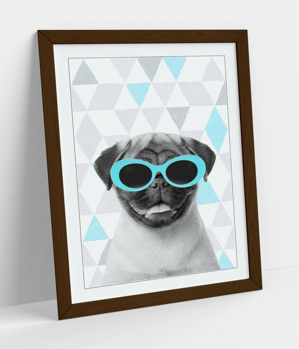 PUG SUNGLASSES TURQUOISE GREY GEOMETRIC -ART FRAMED POSTER PICTURE PRINT ARTWORK