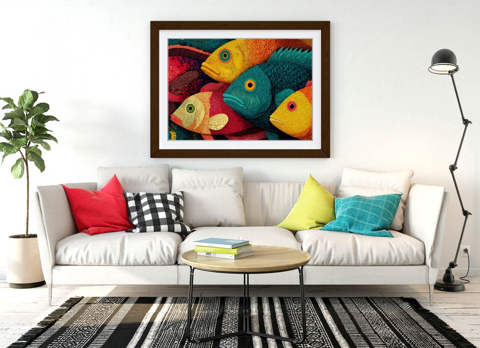 Framed Wall Art – Multi Color School Of Fish Print With Woodgrain Frame