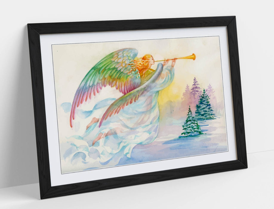 Angel Christmas Wall Art - Multi Colour Framed Poster Print | UK Handmade