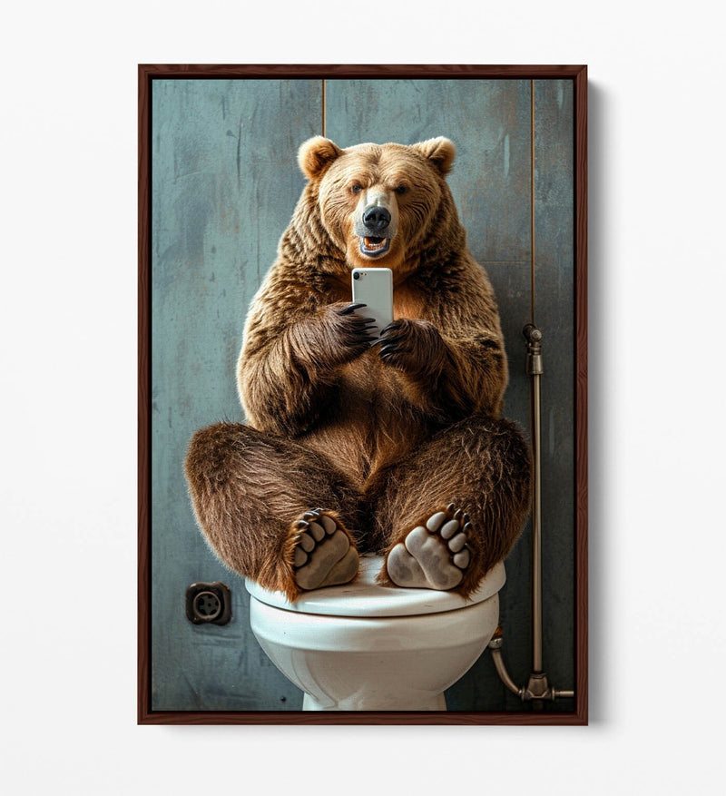 Funny Bear Canvas Art – Humorous Bathroom Wall Decor | Float Effect Canvas Print
