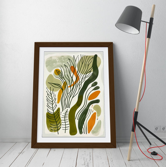 Boho Framed Wall Art – Minimalist Plant Leaf Poster with Natural Wood Frame