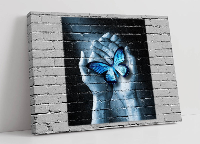Canvas Wall Art - Blue Butterfly Print on Handmade Graffiti Canvas | Ready to Hang