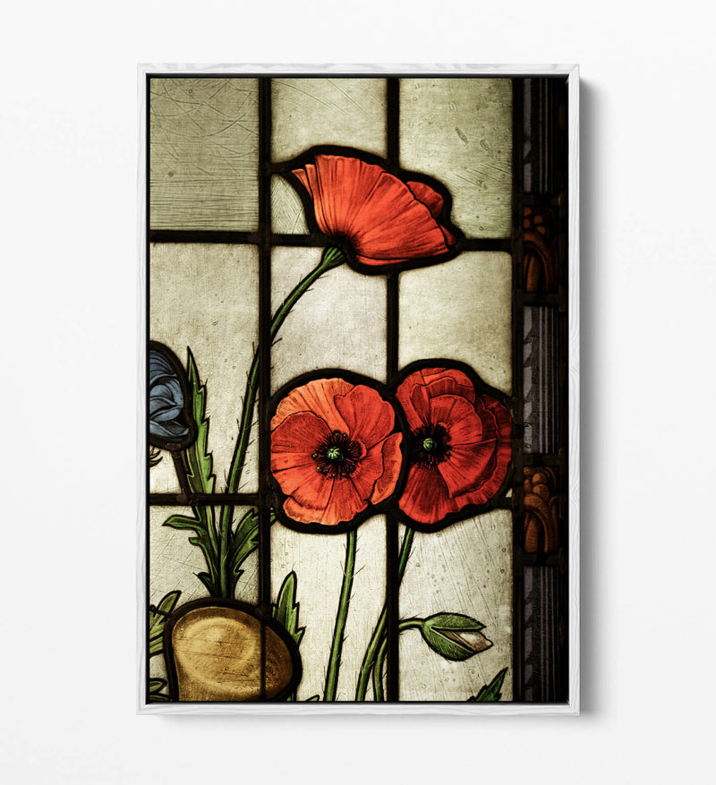 Float Effect Canvas Art - Stained Glass Poppies, Red Beige Wall Decor, Handmade UK