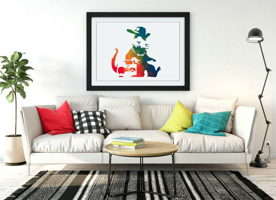 BANKSY, GANGSTA RAT RAINBOW ART EFFECT -FRAMED WALL ART PICTURE PRINT
