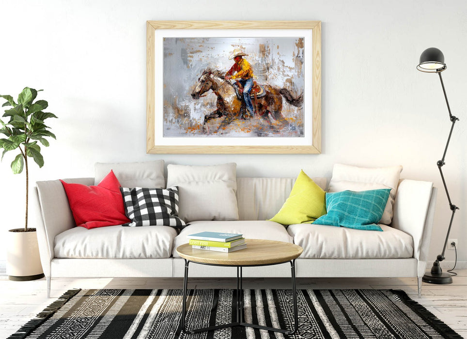 Cowboy Riding Horse Art – Framed Wall Art With Woodgrain Frame & Matte Finish Poster