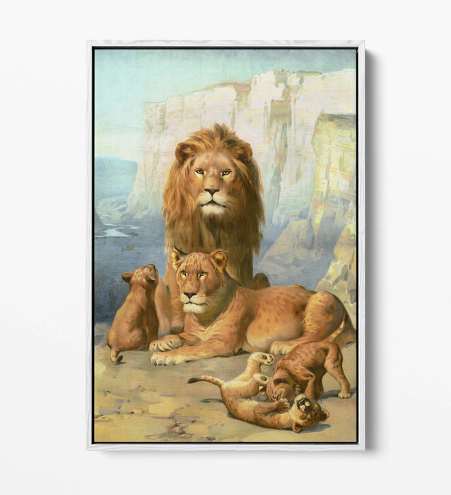 Lion Canvas Wall Art – Handmade UK Canvas With Float Effect & Cubs Print