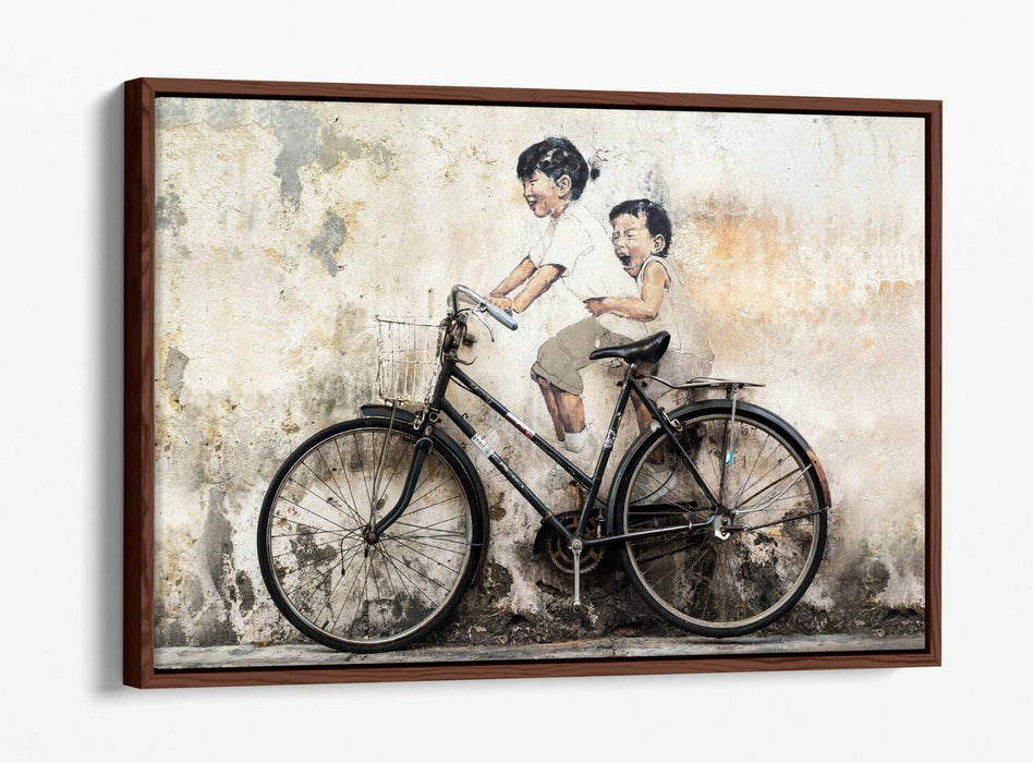 KIDS ON BIKE -FLOAT EFFECT CANVAS WALL ART PIC PRINT- BEIGE GREY BLACK