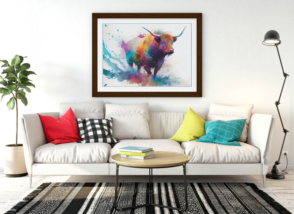 Highland Cow Wall Art – Framed Watercolour Animal Print with MDF Wood Frame