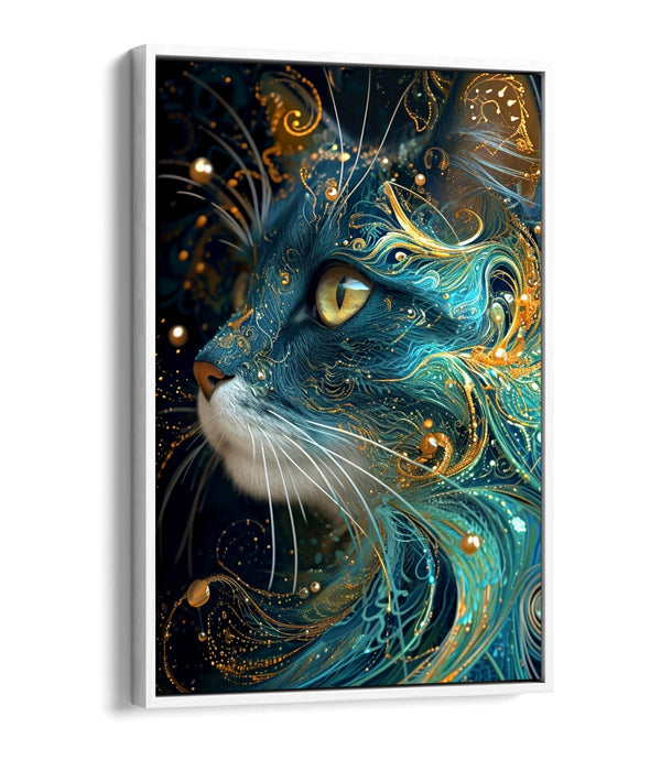 Canvas Wall Art | Handmade Blue Gold Cat Float Effect Print – Ready To Hang Contemporary Decor