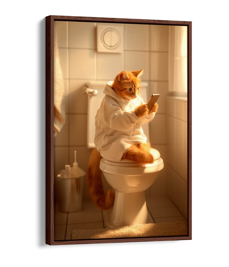 Funny Bathroom Canvas - Cat Wearing Robe Toilet Humor Artwork | Premium Float Effect Print