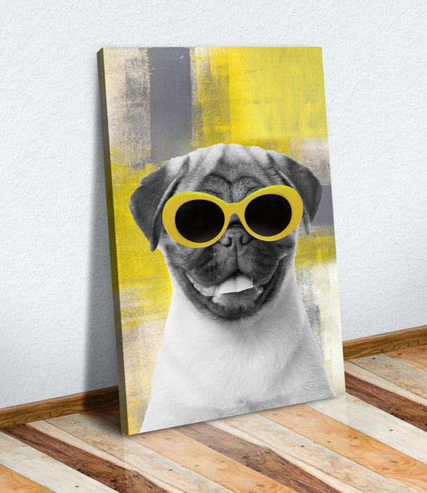 Canvas Wall Art – Yellow Mustard Abstract Print With Pug Sunglasses Artwork