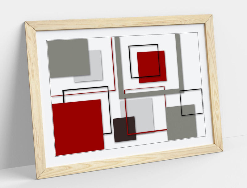 Abstract Bedroom Wall Art – Framed Art Print With Red Grey Artwork & Wood Grain Frame