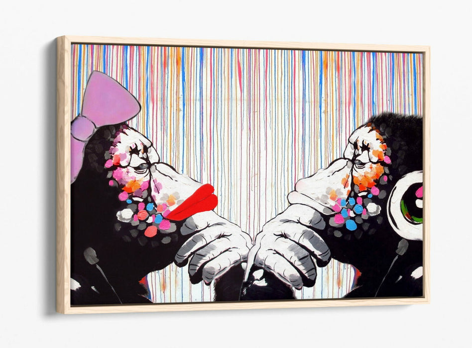 BANKSY DJ MONKEY THINKER DUO COLOUR RAIN -FLOAT EFFECT CANVAS WALL ART PIC PRINT