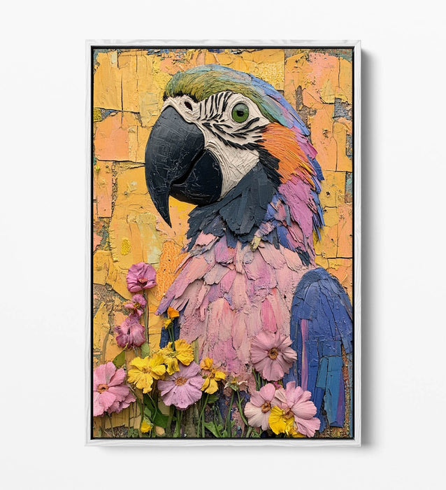 Parrot Canvas Art – Vibrant Bird Wall Decor With Float Effect Canvas & Graffiti Flowers
