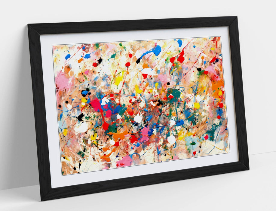 Framed Wall Art - Colorful Pollock Style Abstract Poster Print With Woodgrain Frame