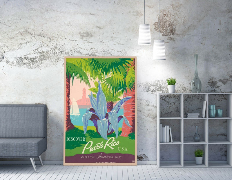 Retro Travel Poster – Puerto Rico Canvas Wall Art | Blue Pink Vintage Print