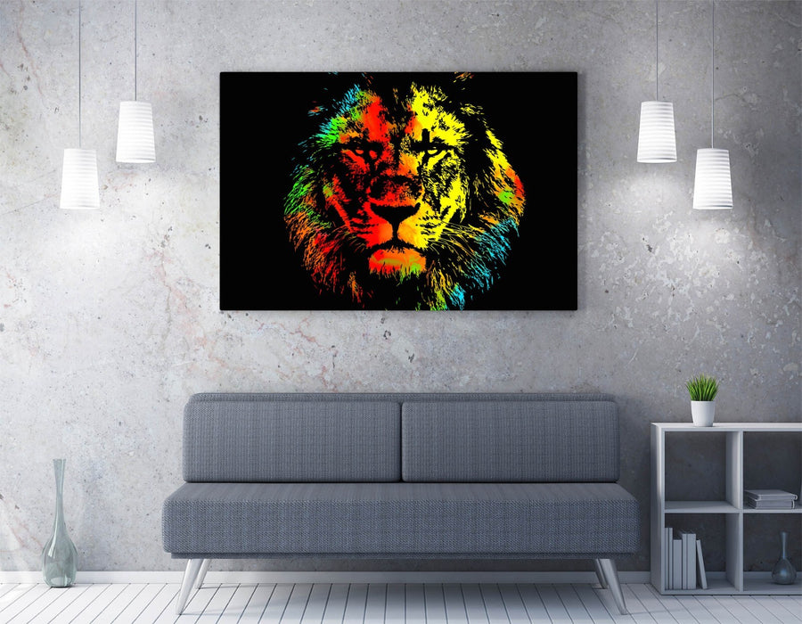 MULTI COLOUR LION SKETCH BLACK BACKGROUND 2 -CANVAS FRAMED WALL ART PIC PRINT