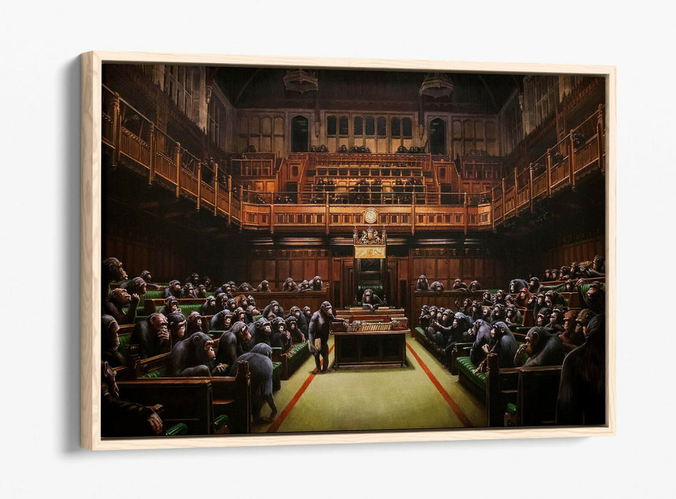 BANKSY, MONKEY PARLIAMENT BROWN SEPIA TONES -FLOAT EFFECT CANVAS WALL ART PRINT