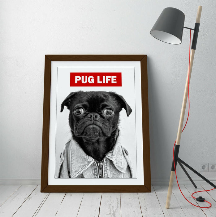 PUG LIFE -FRAMED POSTER WALL ART PRINT ARTWORK- BLACK & WHITE