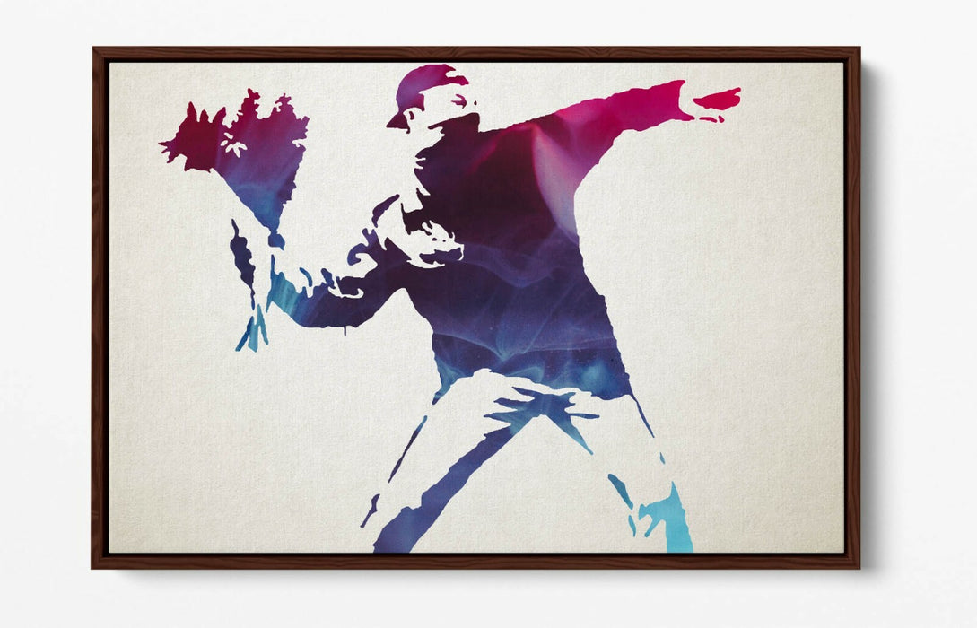 BANKSY, FLOWER THROWER PURPLE -FLOAT EFFECT CANVAS WALL ART PRINT
