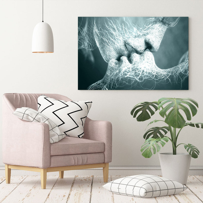 Lovers Kiss Canvas Art - Premium Duck Egg Blue Wall Art Print | Ready To Hang
