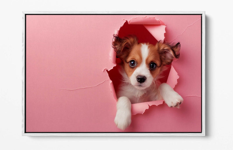 Puppy Canvas Art - Cute Puppy Print On Pink Wall Decor | Float Effect Canvas