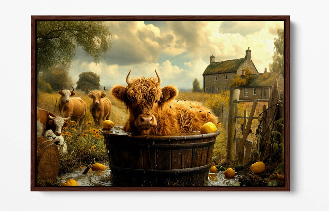 Float Effect Canvas Art – Highland Cow Print on MDF Frame | Rustic Bathroom Decor