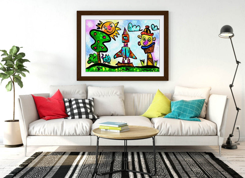 Kids Bedroom Art - Colorful Framed Poster Print With Wood Grain Frame