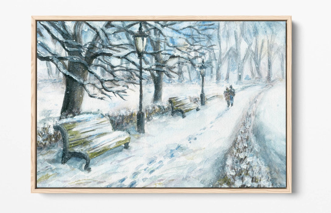 COUPLE WALKING IN SNOWY PARK WINTER FLOAT EFFECT CANVAS WALL ART PRINT