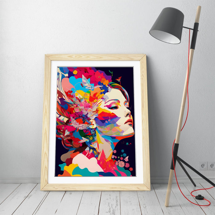 Framed Wall Art - Multicolour Abstract Woman Art Print | Faux Wood Frame, Ready To Hang