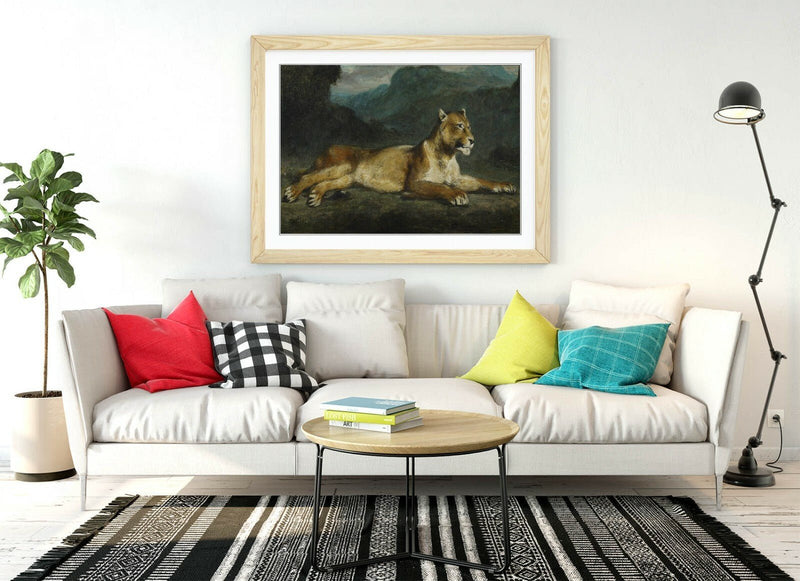 Framed Art Print - Eugene Delacroix Lioness Wall Art Poster With Woodgrain Frame