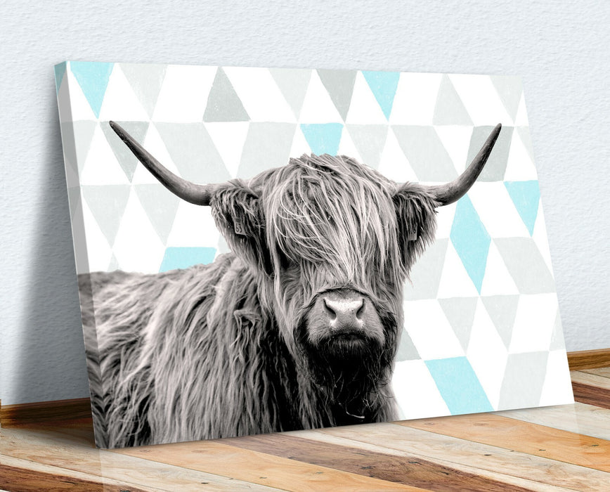Canvas Wall Art - Highland Cow Turquoise Grey Modern Canvas Print Ready To Hang