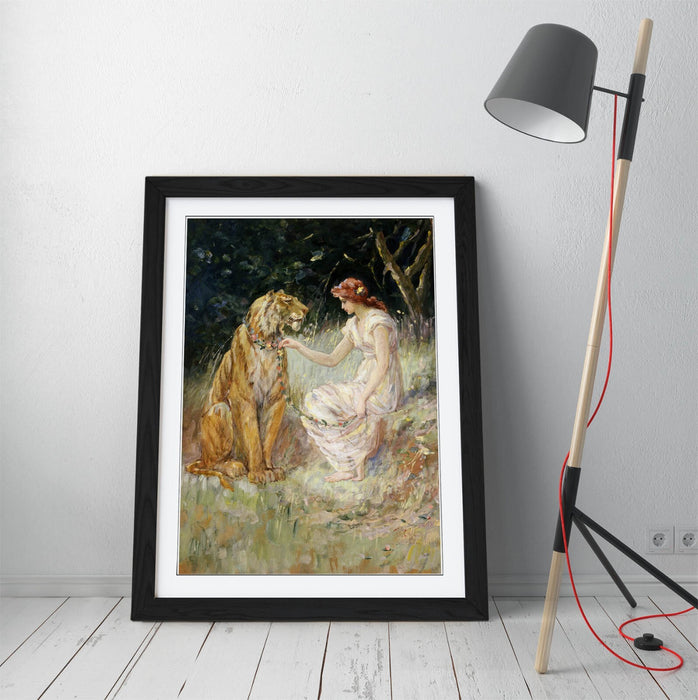 Framed Art Poster - Frederick Stuart Church Lady And Tiger Print With Woodgrain Frame