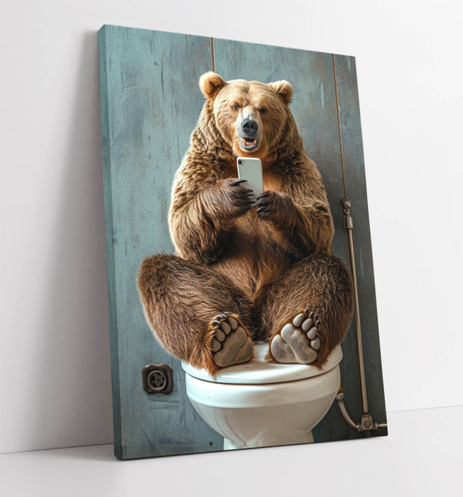Funny Bear Canvas Art – Humorous Bathroom Wall Decor | Vibrant Toilet Print