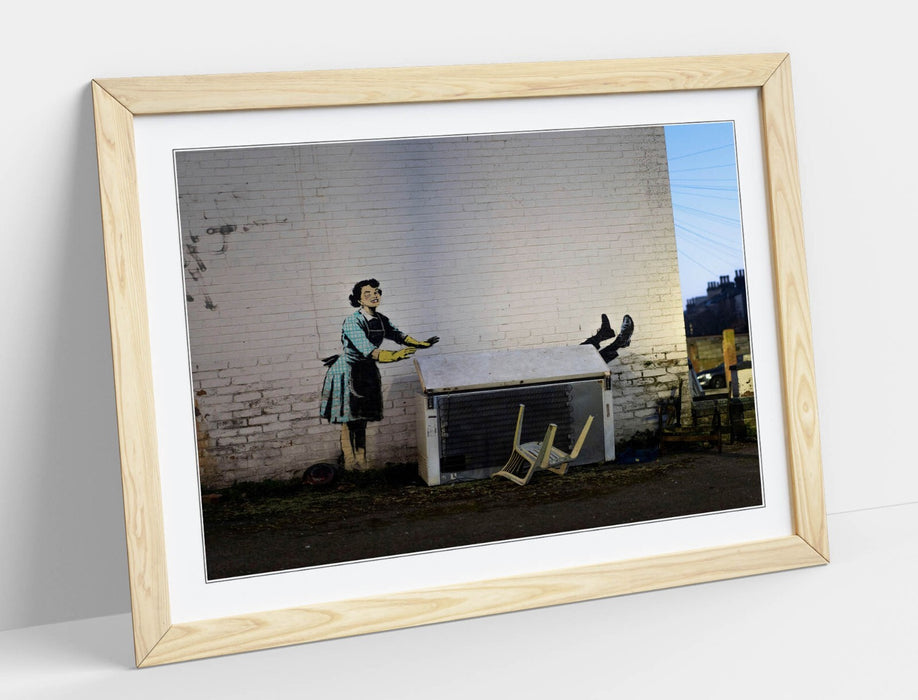 Banksy Framed Wall Art – Valentine's Day Graffiti Poster Print with Woodgrain Frame