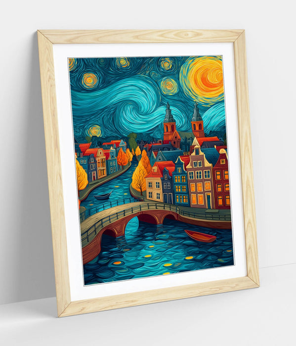 Van Gogh Wall Art – Framed Amsterdam City View Poster Print With Wood Grain Frame