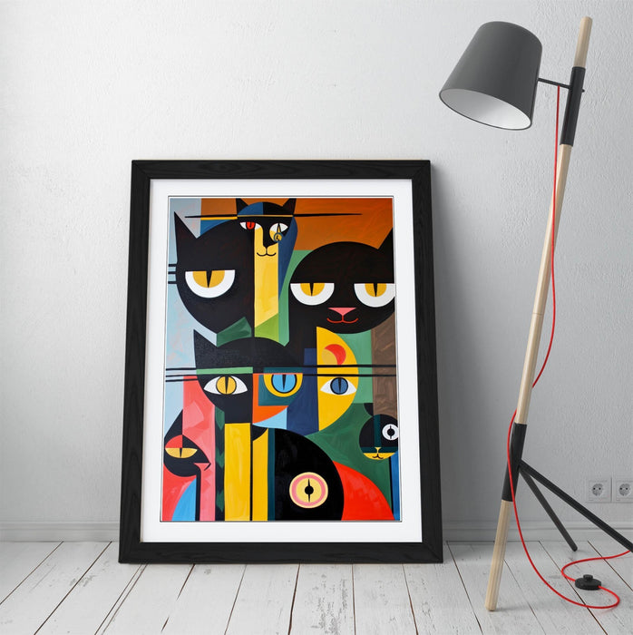 Bauhaus Cat Wall Art – Abstract Cat Poster Framed Wall Decor in Wood Grain Frame