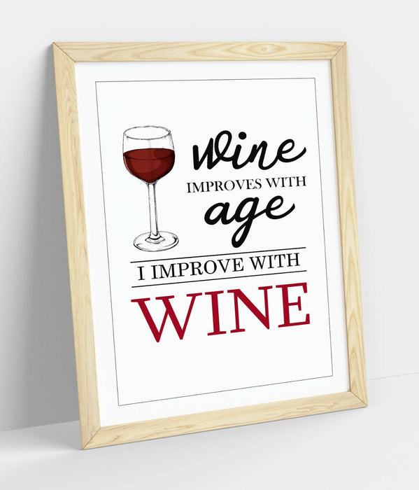 "I IMPROVE WITH WINE" HOME QUOTE SLOGAN -FRAMED WALL ART PICTURE PRINT