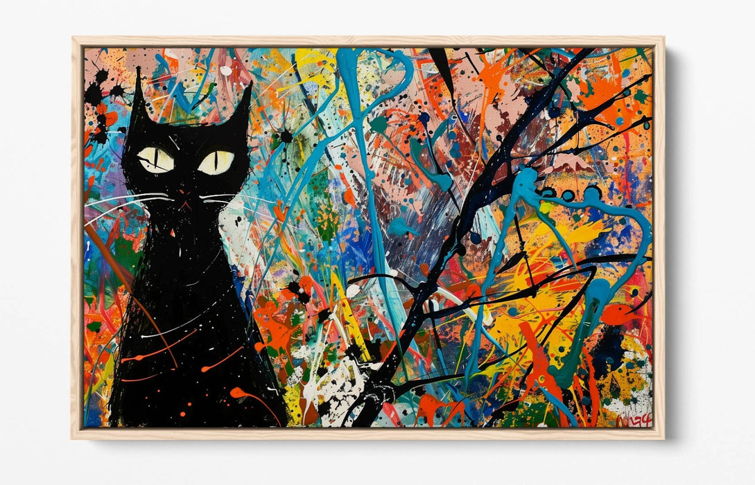 Black Cat Canvas Art – Jackson Pollock Style Float Effect Print on Premium Frame