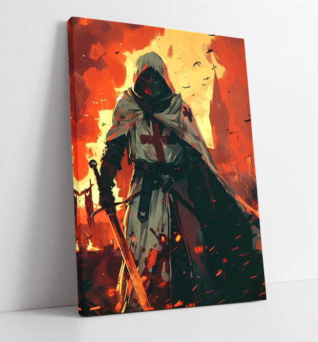 Medieval Knight Canvas – Crusader Wall Art With Burning City Print, Premium Varnish Finish