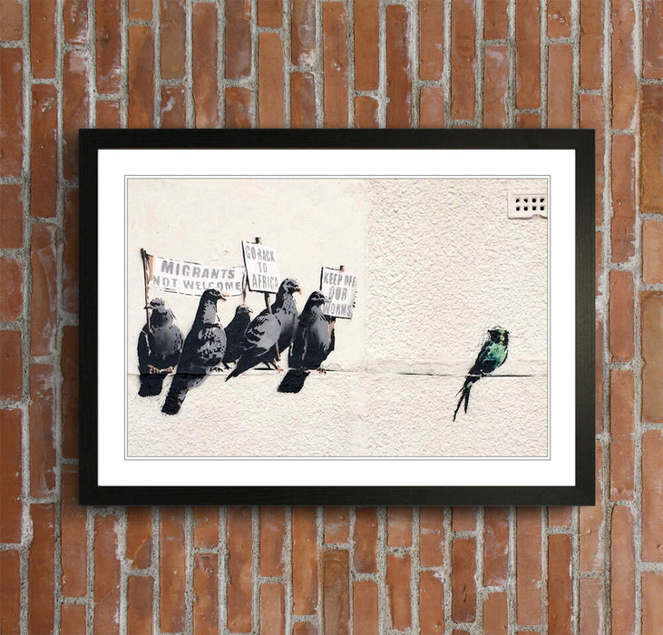 Banksy Framed Art Poster - Racist Pigeons Graffiti Wall Art in Woodgrain Faux Frame