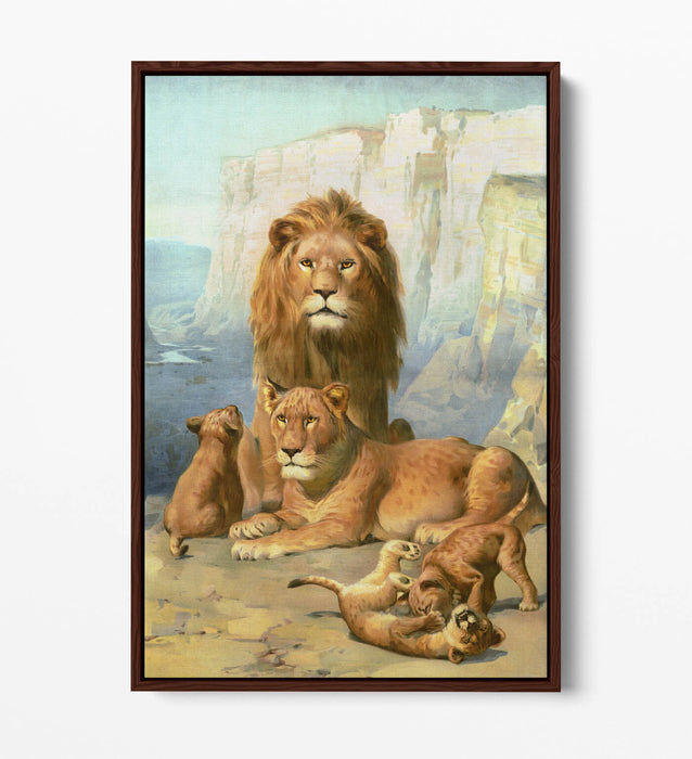 Lion Canvas Wall Art – Handmade UK Canvas With Float Effect & Cubs Print