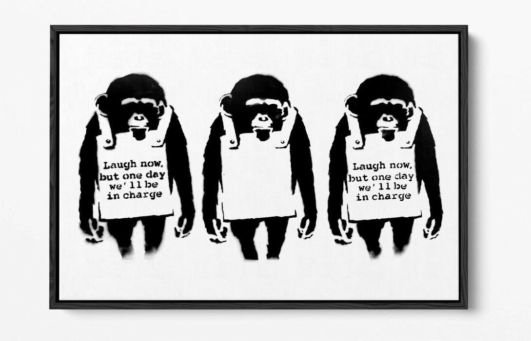 BANKSY LAUGH NOW -FLOAT EFFECT CANVAS WALL ART PIC PRINT- BLACK & WHITE