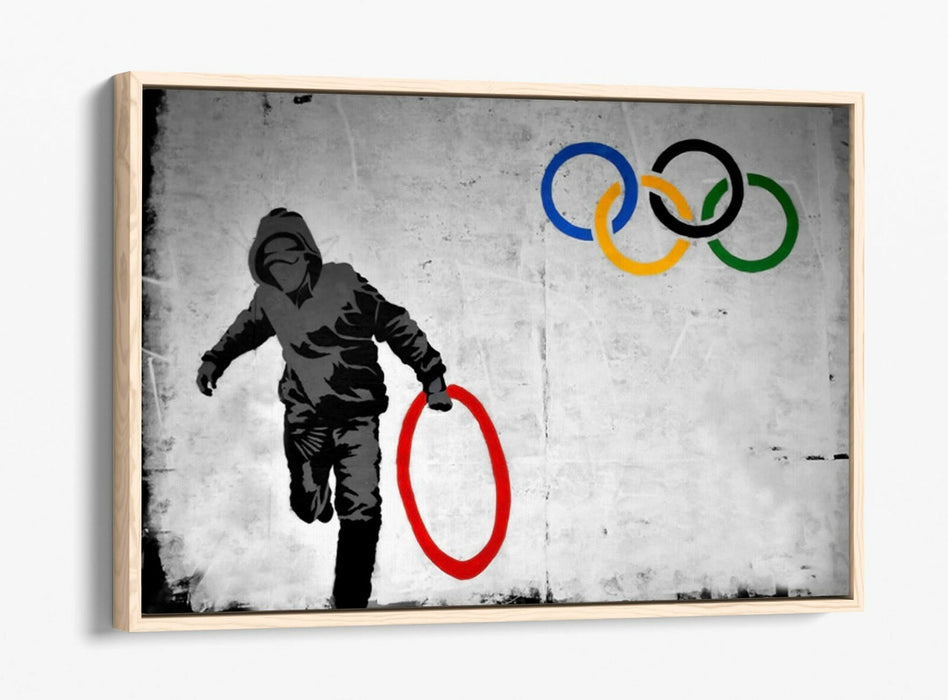 BANKSY OLYMPIC RINGS -FLOAT EFFECT CANVAS WALL ART PIC PRINT- RED YELLOW BLUE
