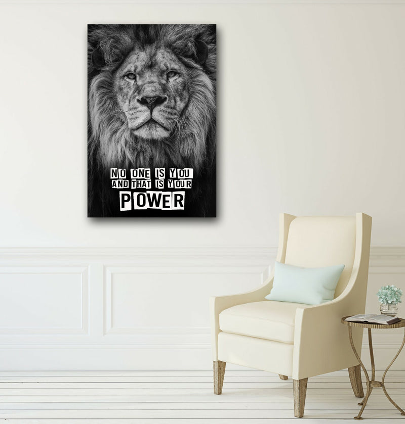 Lion Head Canvas Art – Black and White Animal Artwork with Strength Power Quote