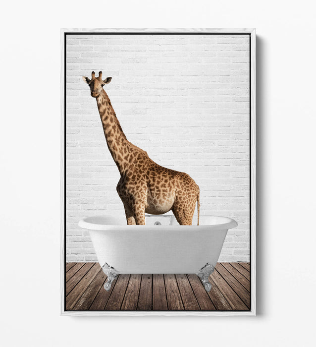 GIRAFFE IN BATHTUB -QUIRKY BATHROOM FLOAT EFFECT CANVAS WALL ART PIC PRINT
