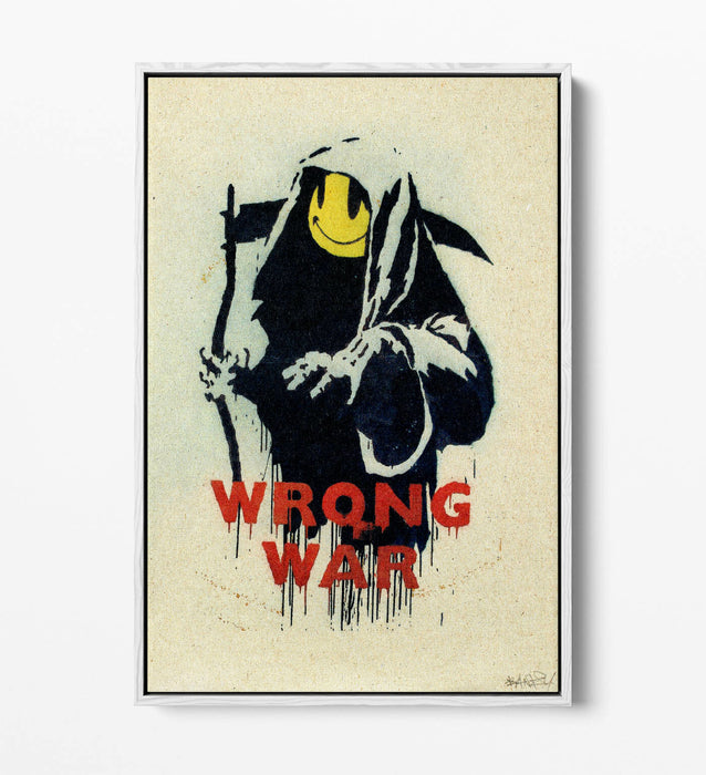 BANKSY, WRONG WAR SMILEY GRIM REAPER -FLOAT EFFECT CANVAS WALL ART PRINT